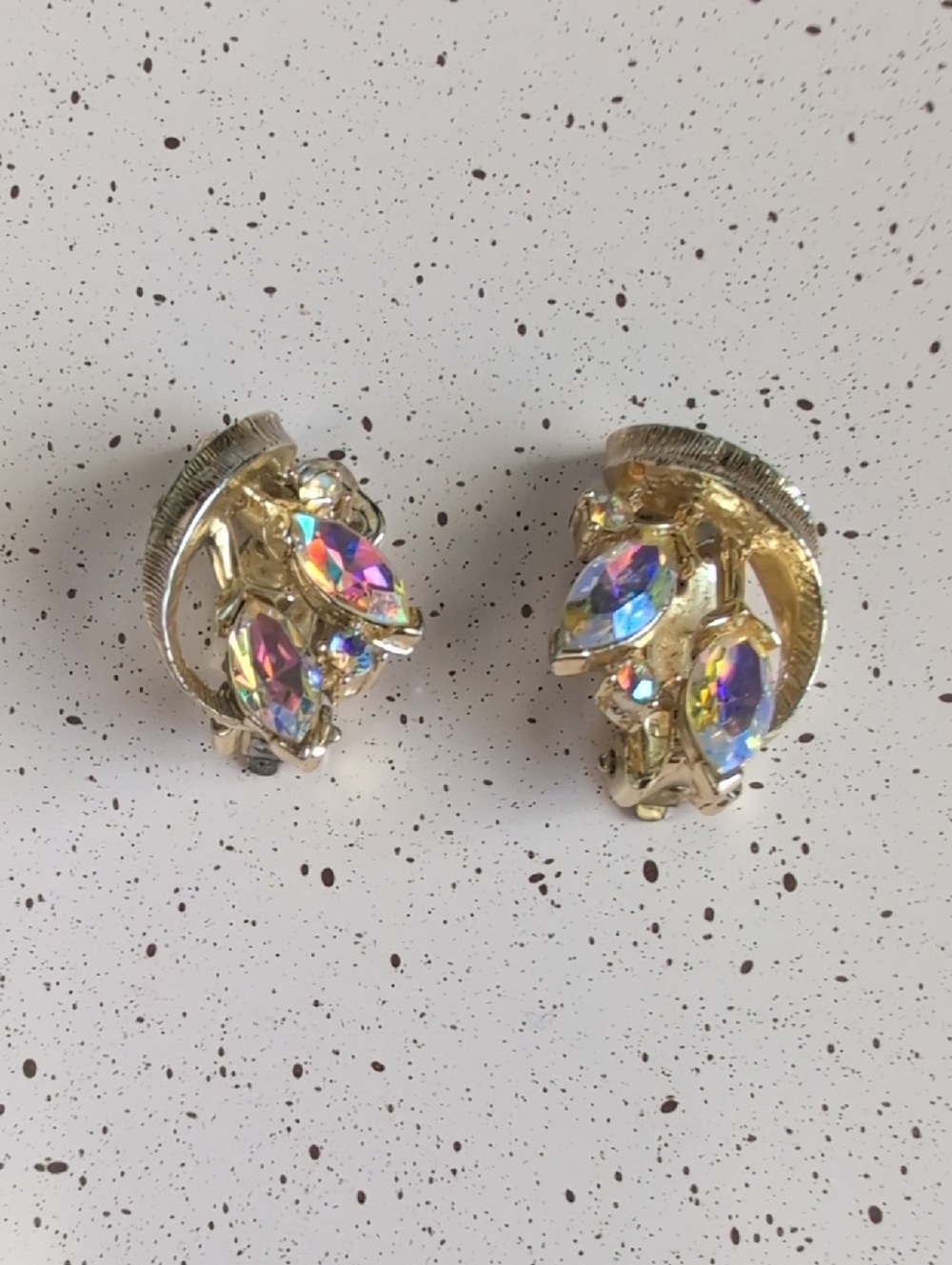 Vintage 1950s Lisner Gold-Tone Aurora Marquise Crystal Clip Earrings